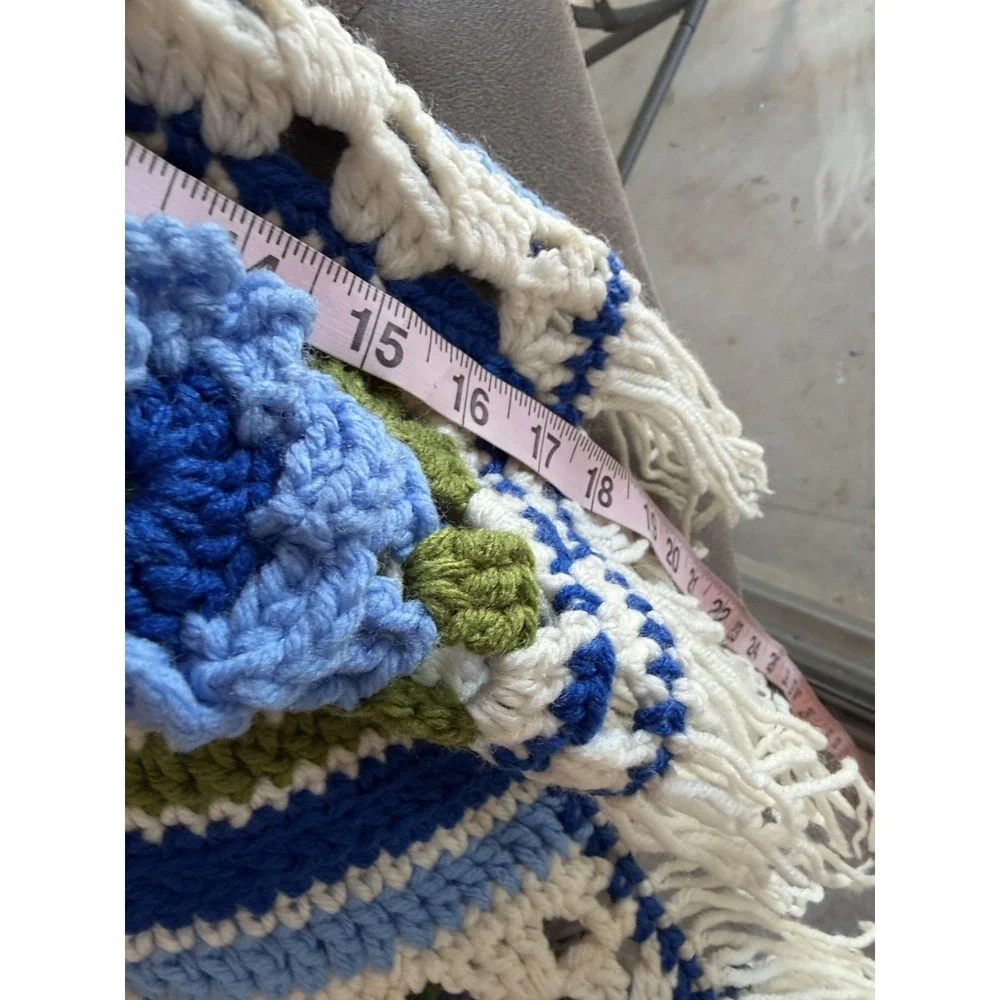 Handmade Crochet Afghan‎ Throw Blanket Granny Square Blue Green Ivory Fringe